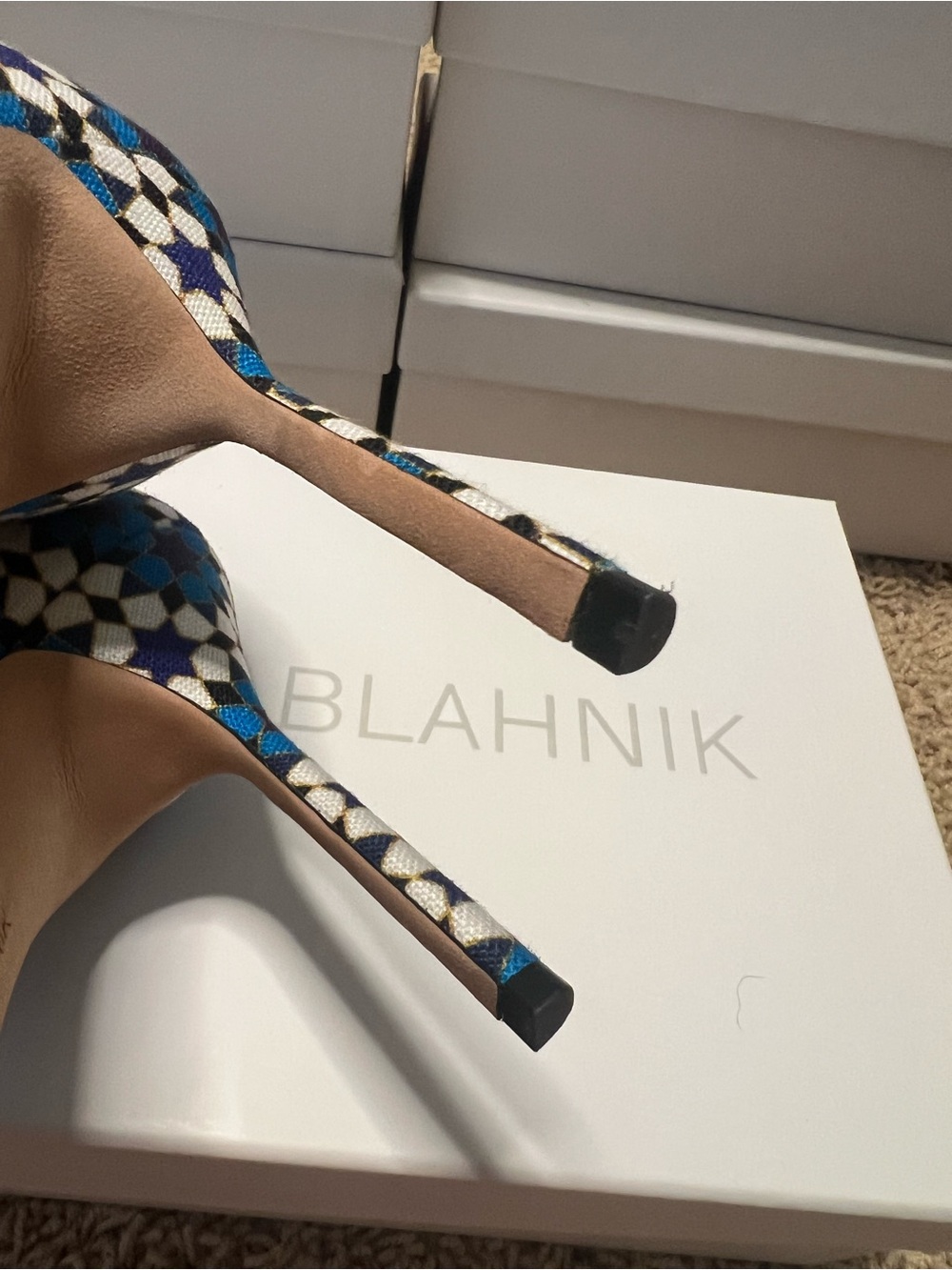 Manolo Blahnik Blue, White & Black Geometric Pointed-Toe Stilettos - Picture 5 of 7
